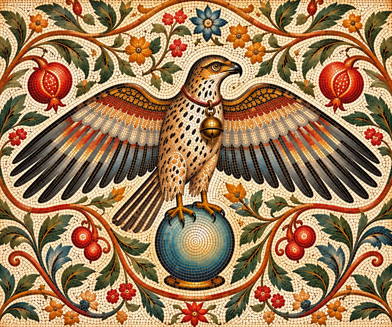 Mosaic of an eagle on a globe, among pomegranates and vine scrolls